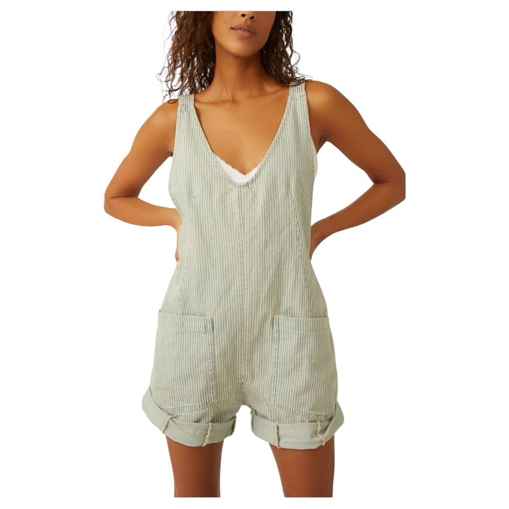 We The Free High Roller Railroad Stripe Cotton Shortalls, Small, NWT